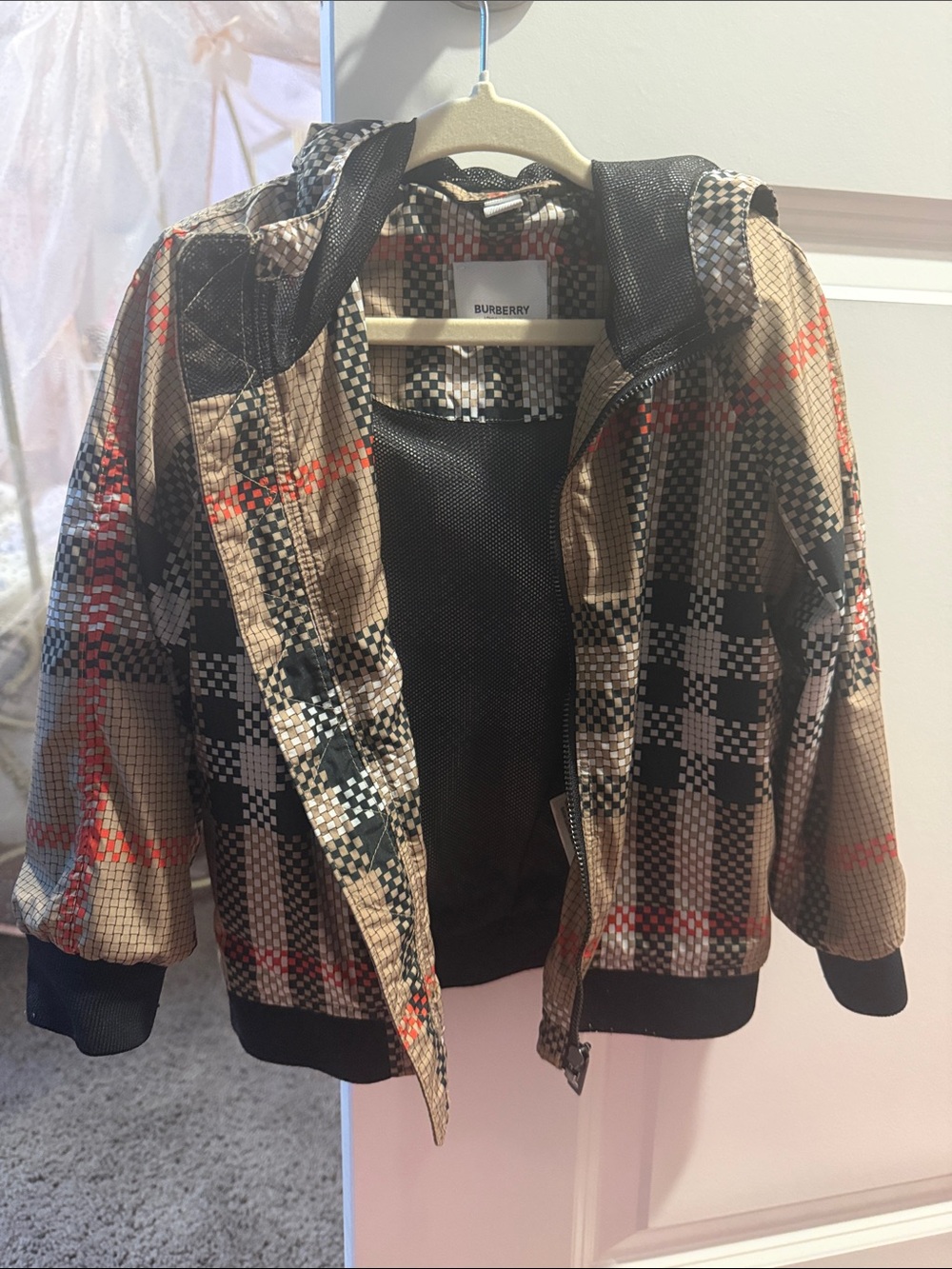 Burberry Beige Plaid Hooded Bomber Jacket with Black & Red Accents